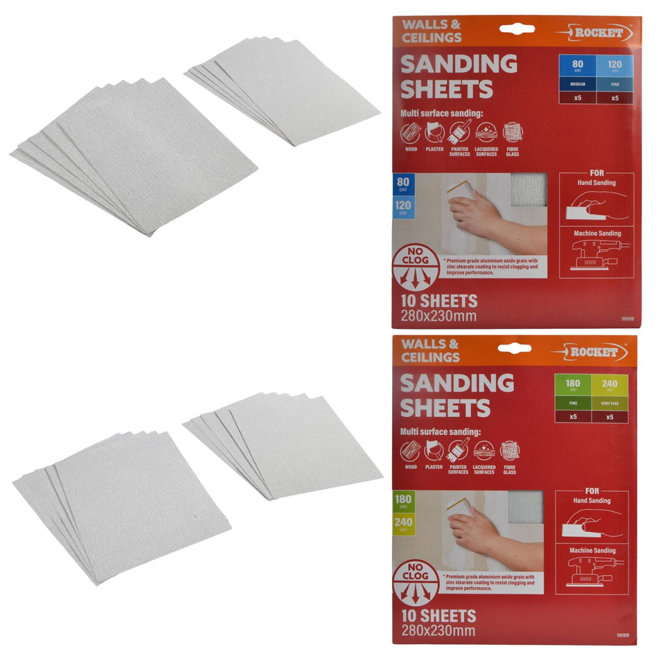10pk Sanding Sheets 280mm x 230mm - 80/120/180/240 Grit Paint Hand Sanders