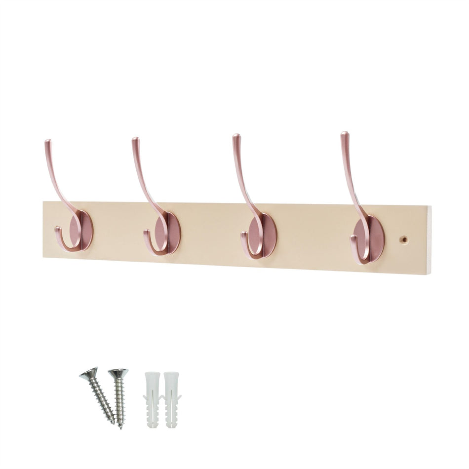Cream Wall Mounted Coat Rack with Victorian Rose Gold Hooks - 4 Double Hooks
