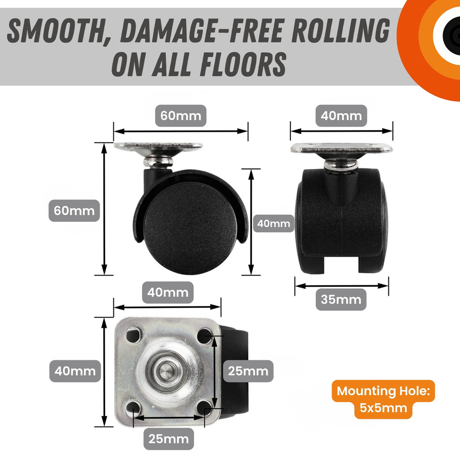 Hooded Swivel Castor Wheels 40mm Diameter, Black Plastic, 18kg Load - 4 Pack