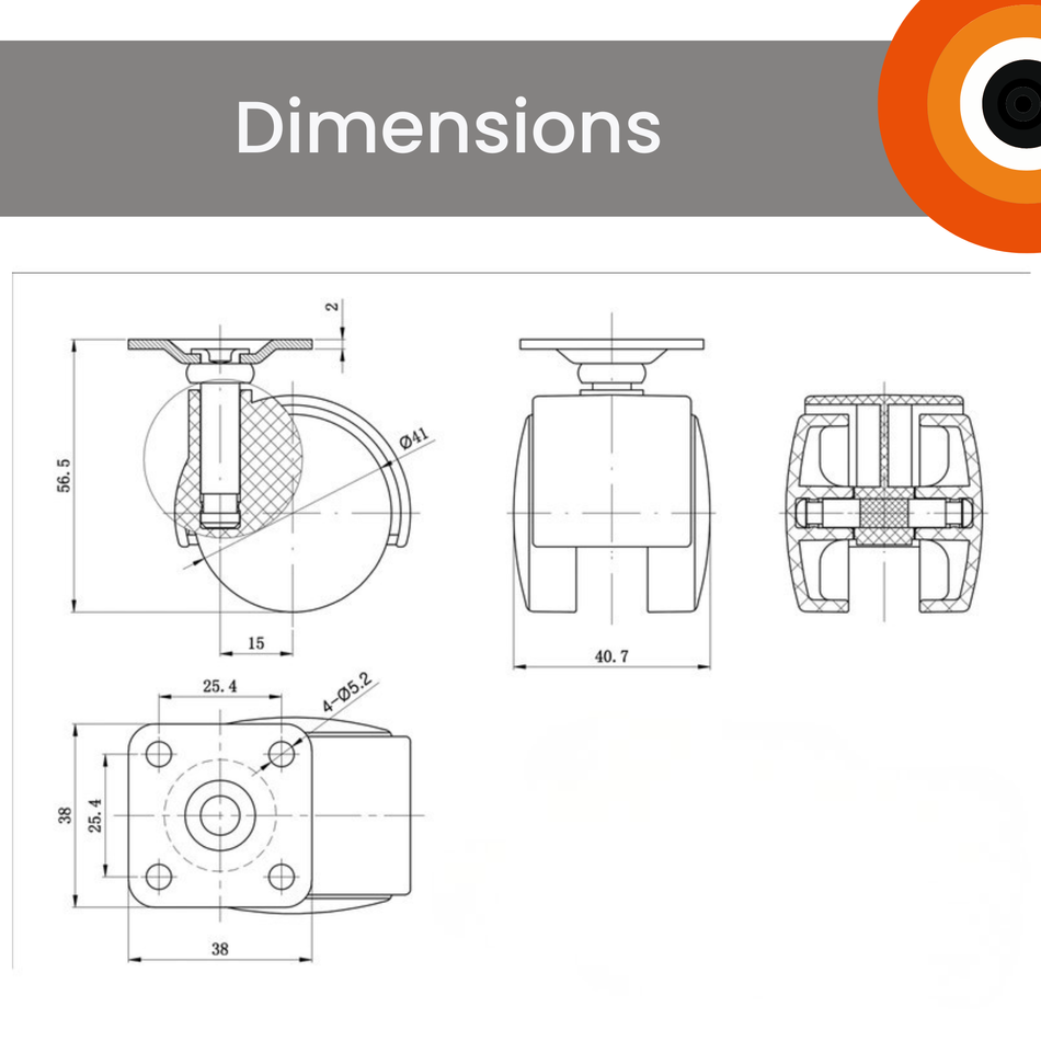 Hooded Swivel Castor Wheels 40mm Diameter, Black Plastic, 18kg Load - 4 Pack