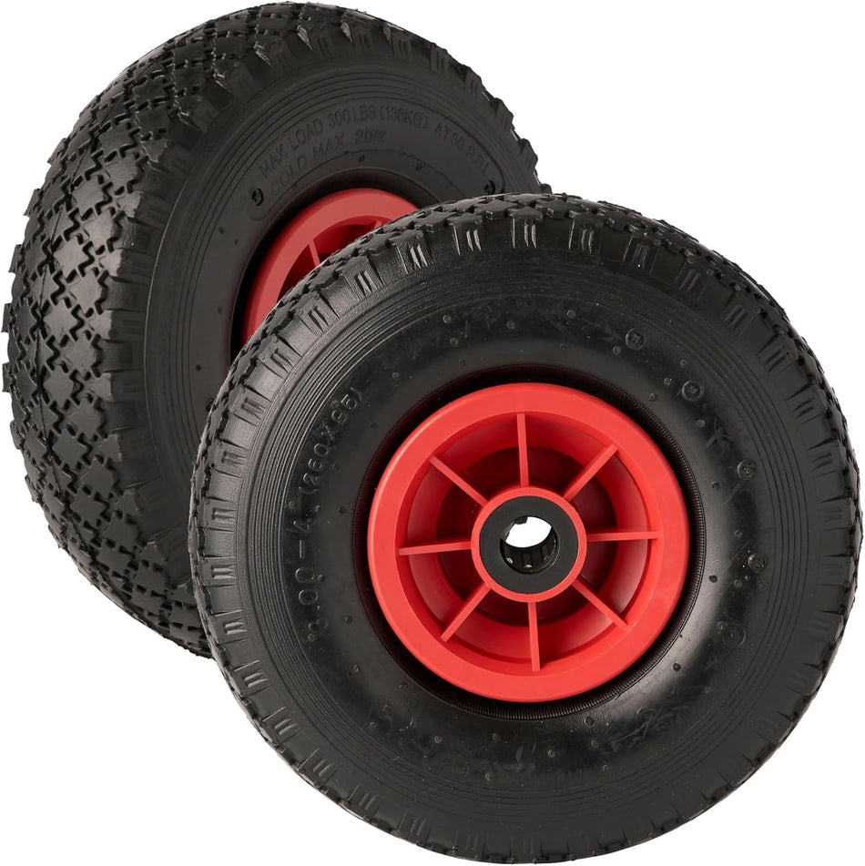 10" Pneumatic Tires, 3.00-4, Pack of 2, 25mm Bore, 272KG Capacity, Roller Bearings