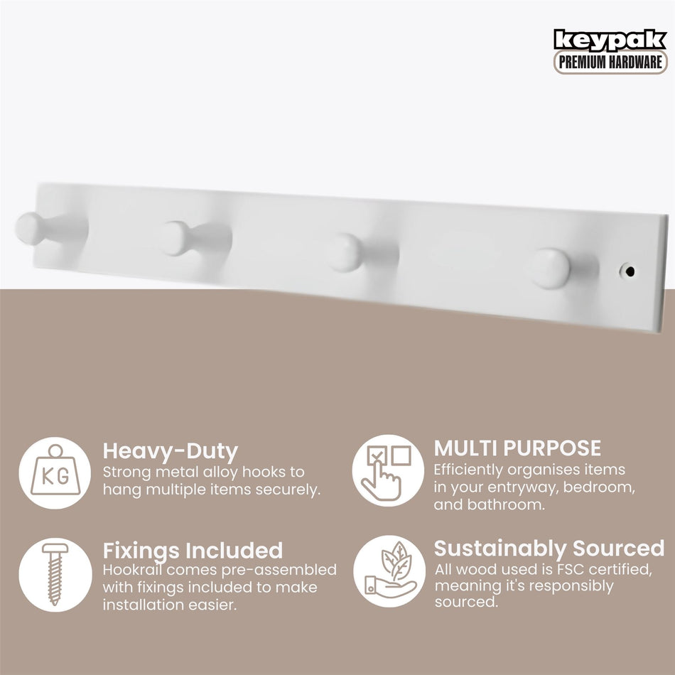4 Wooden Peg Hooks on White Wooden Board