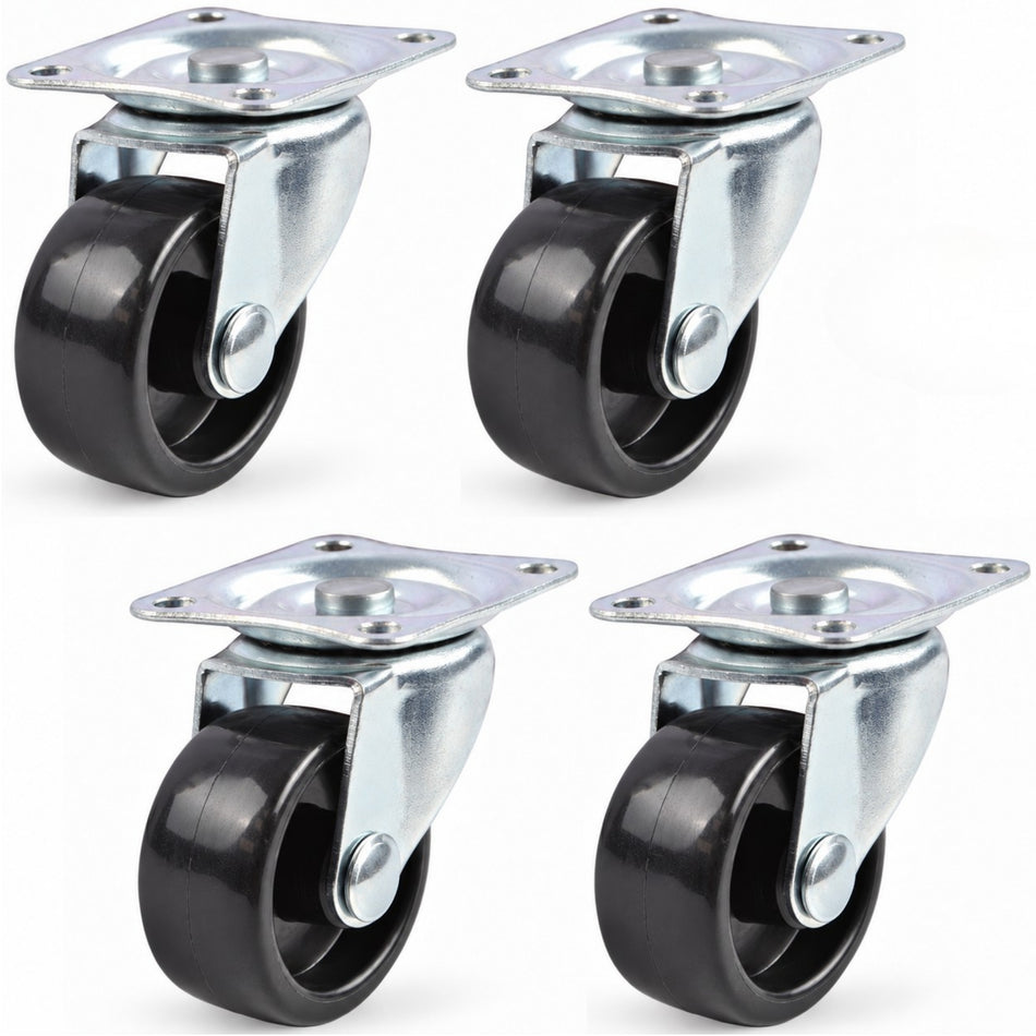 Swivel Castor Wheels 40mm Diameter, Black Plastic, Plate Fixing - 4 Pack
