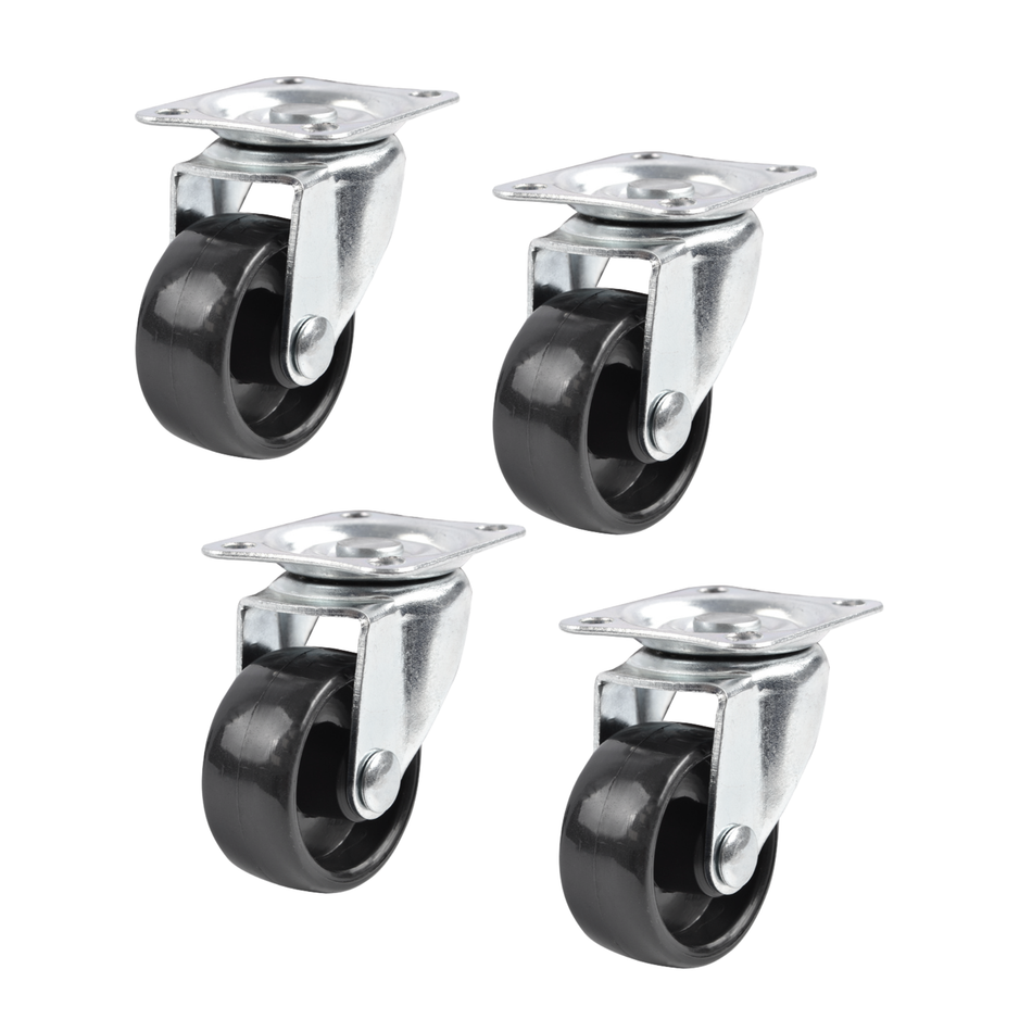 Swivel Castor Wheels 40mm Diameter, Black Plastic, Plate Fixing - 4 Pack