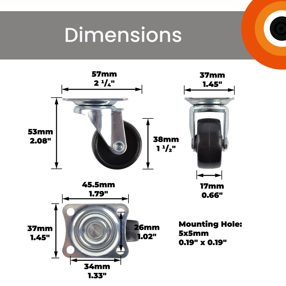 Swivel Castor Wheels 40mm Diameter, Black Plastic, Plate Fixing - 4 Pack