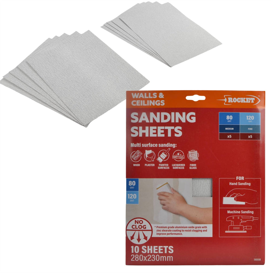 10pk Sanding Sheets 280mm x 230mm - 80/120/180/240 Grit Paint Hand Sanders