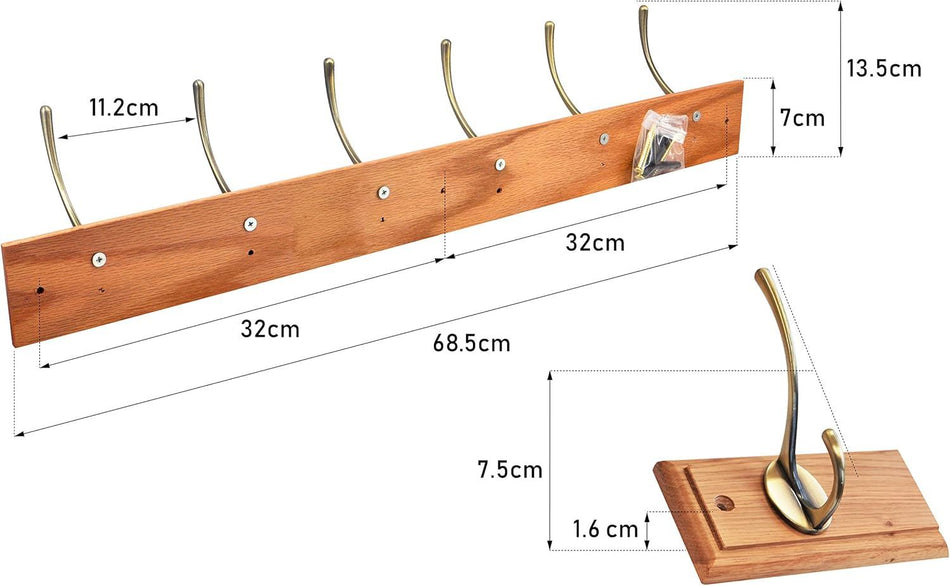 6 Antique Brass Coat Hooks on Oak Wooden Board