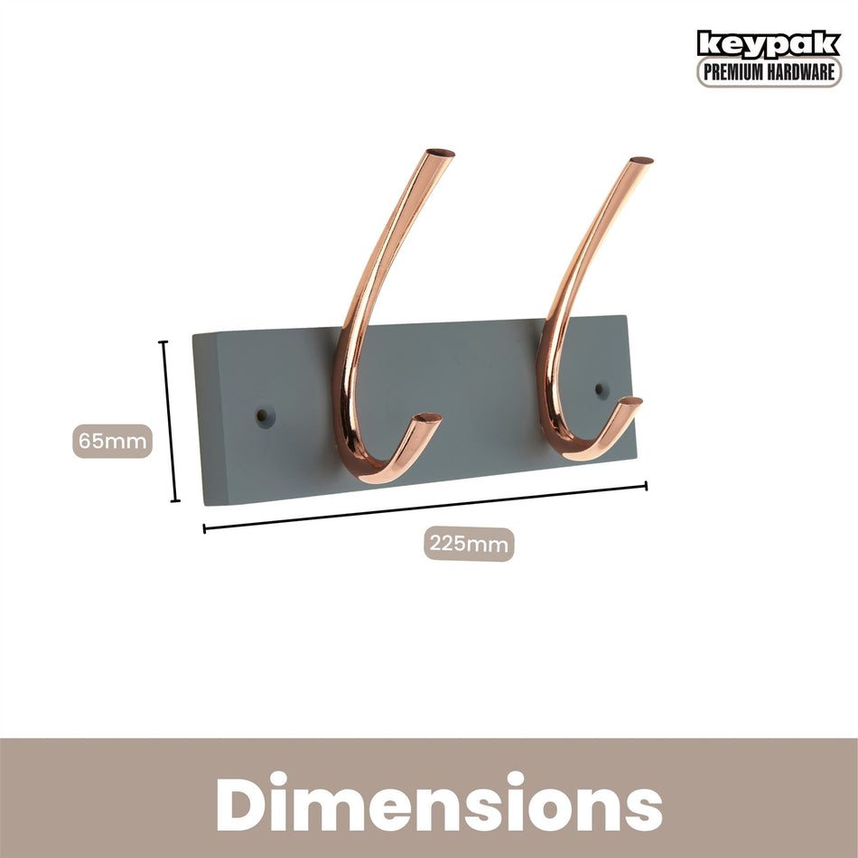Grey Wall Mounted Coat Rack, 2 Polished Copper Ribbed Hooks