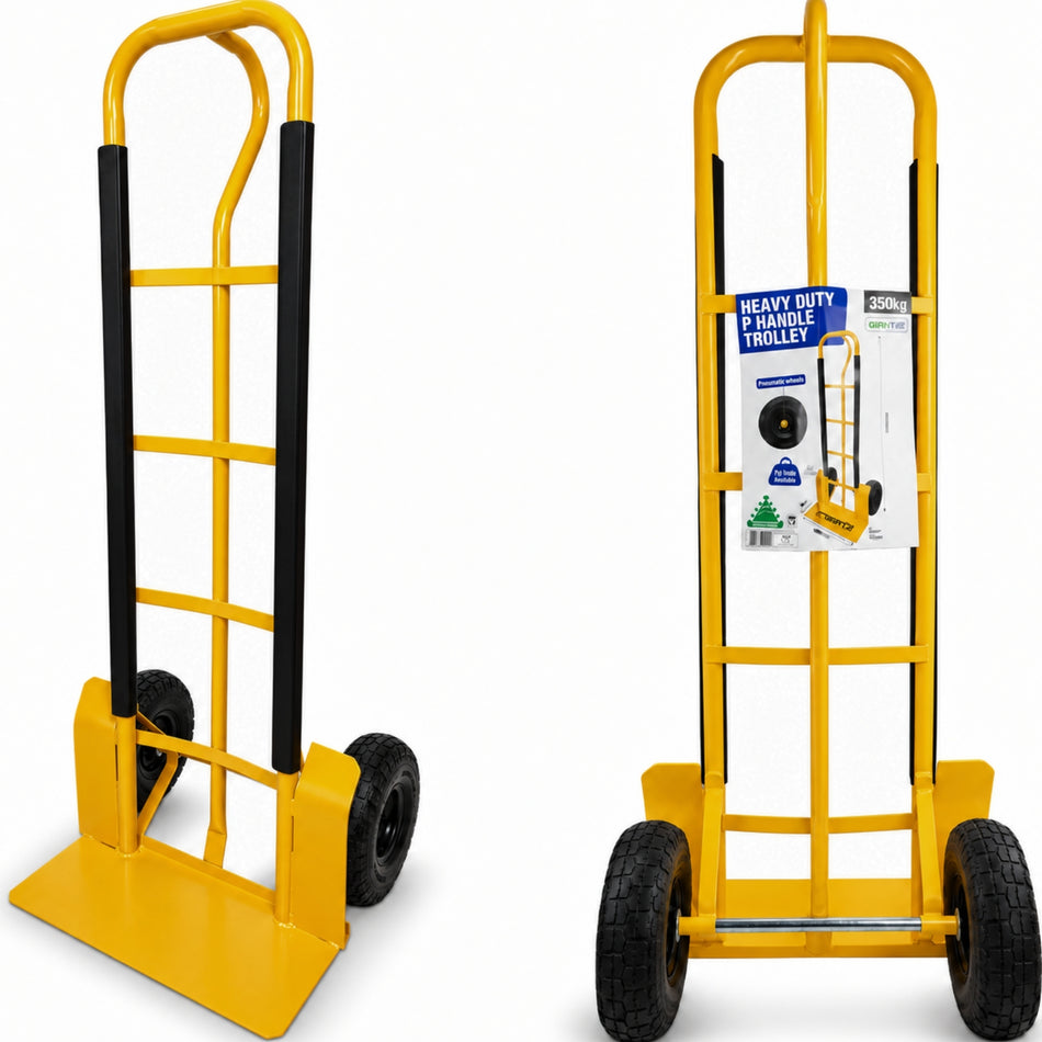 Heavy Duty Sack Truck 350kg P-Handle Solid Puncture Proof Tyres, Steel Barrow