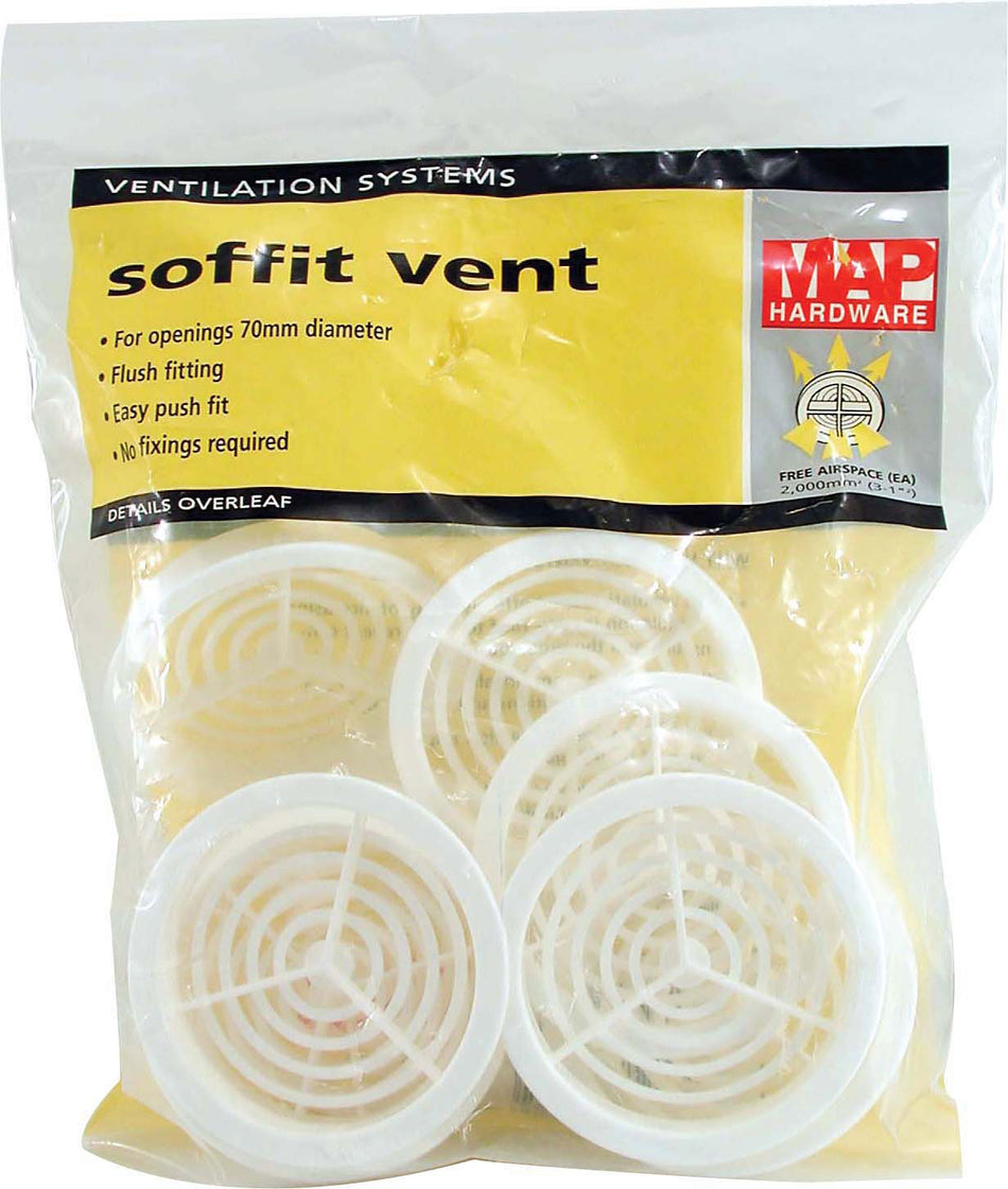 Soffit Vents  -  Round Plastic 70mm White PK10