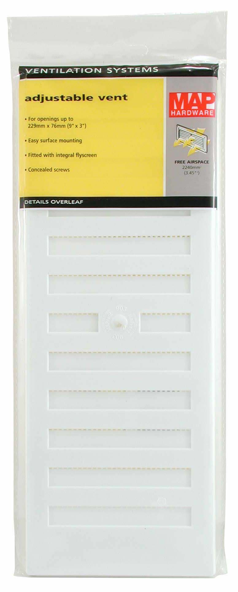 Vent -Adjustable w F/Flyscreen Plastic 9x3" White