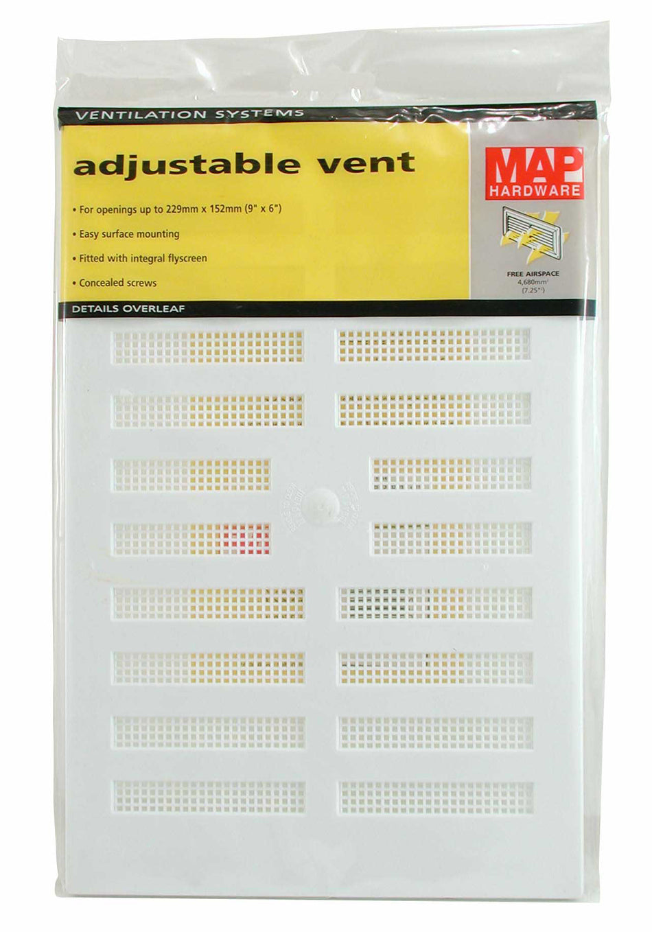 Vent -Adjustable w F/Flyscreen Plastic 9x6" White