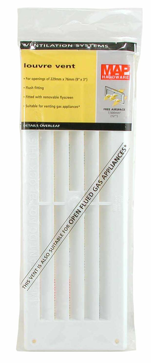 Vent -Louvred w Rem. Flyscreen Plastic 9x3" White
