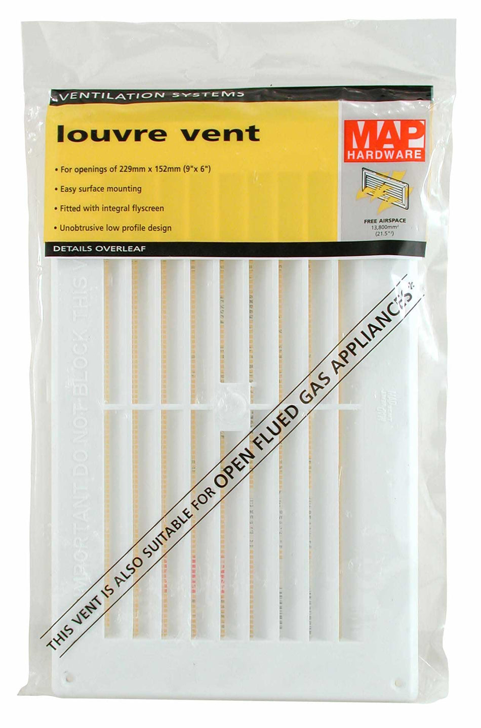 Vent -Louvred w Rem. Flyscreen Plastic 9x6" White