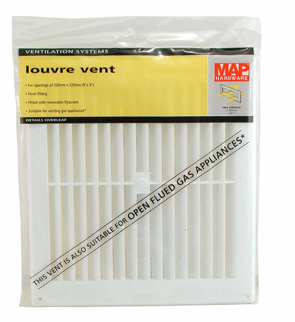 Vent - Louvred with Flyscreen 9x9" White (Plastic)