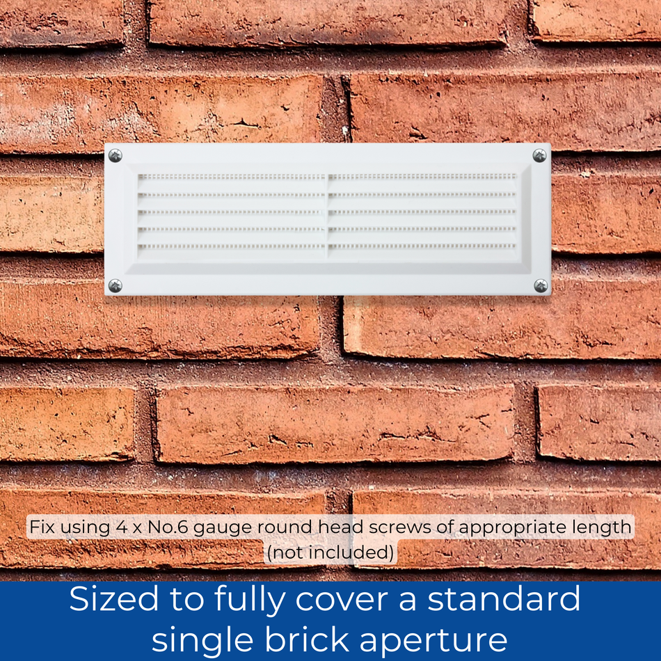 Plastic Louvred Vent with Fixed Flyscreen - White - 9x3 Inch