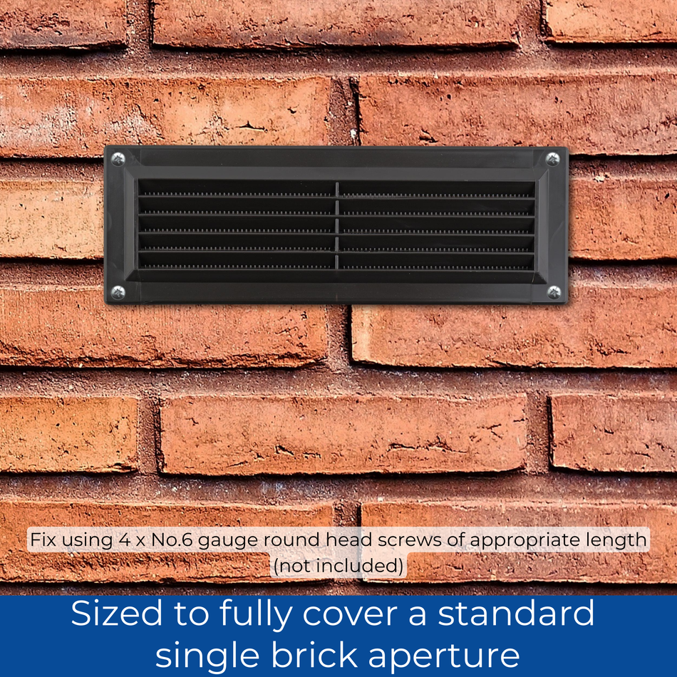 Plastic Louvred Vent with Fixed Flyscreen - Brown - 9x3 Inch