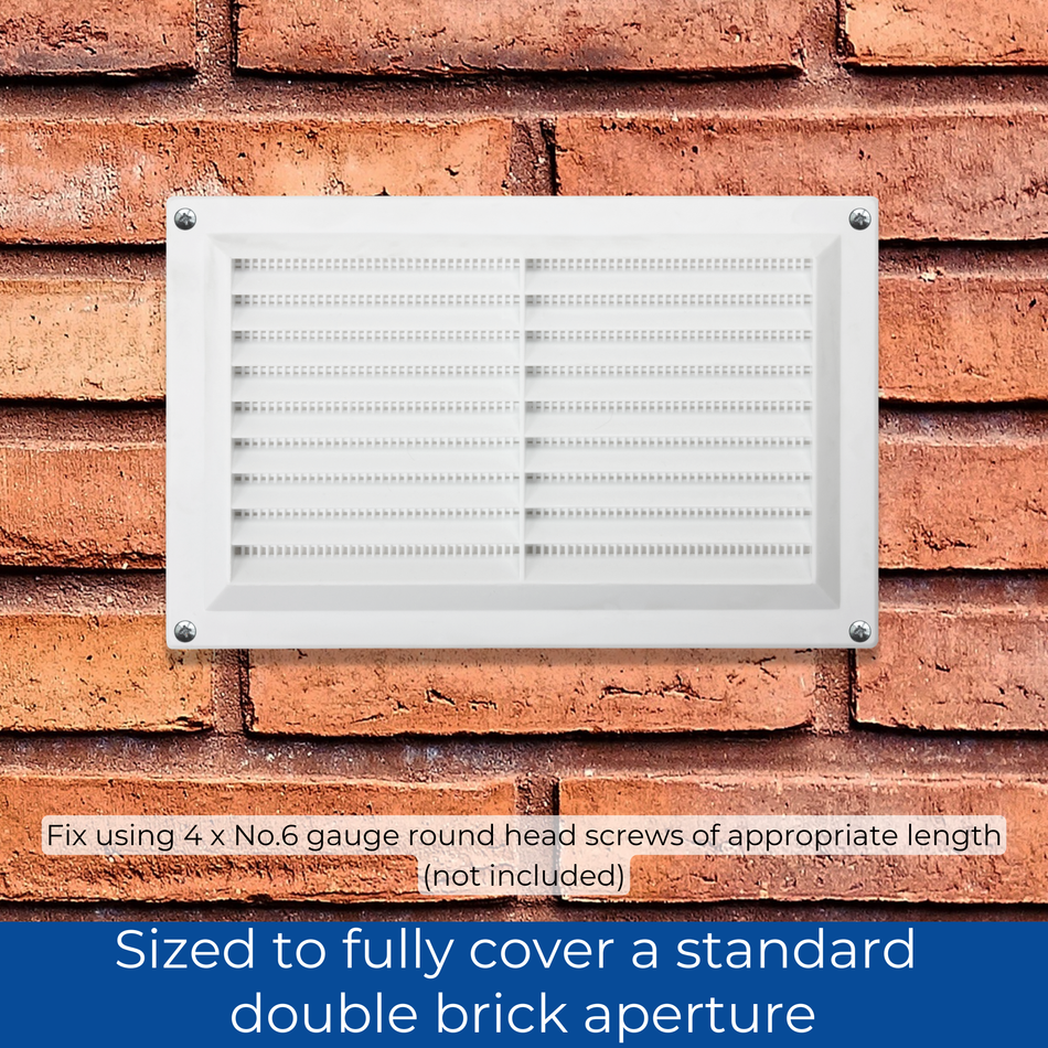 Plastic Louvred Vent with Fixed Flyscreen - White - 9x6 Inch