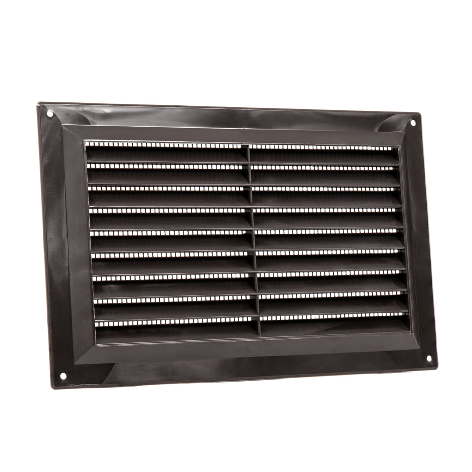 Plastic Louvred Vent with Fixed Flyscreen - Brown - 9x6 Inch