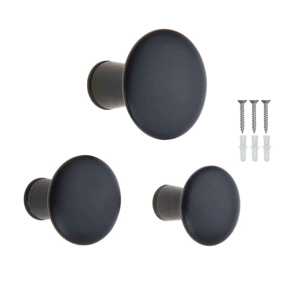 4 Wall Mounted Hooks - 50mm Black Wood Decorative Coat Hooks
