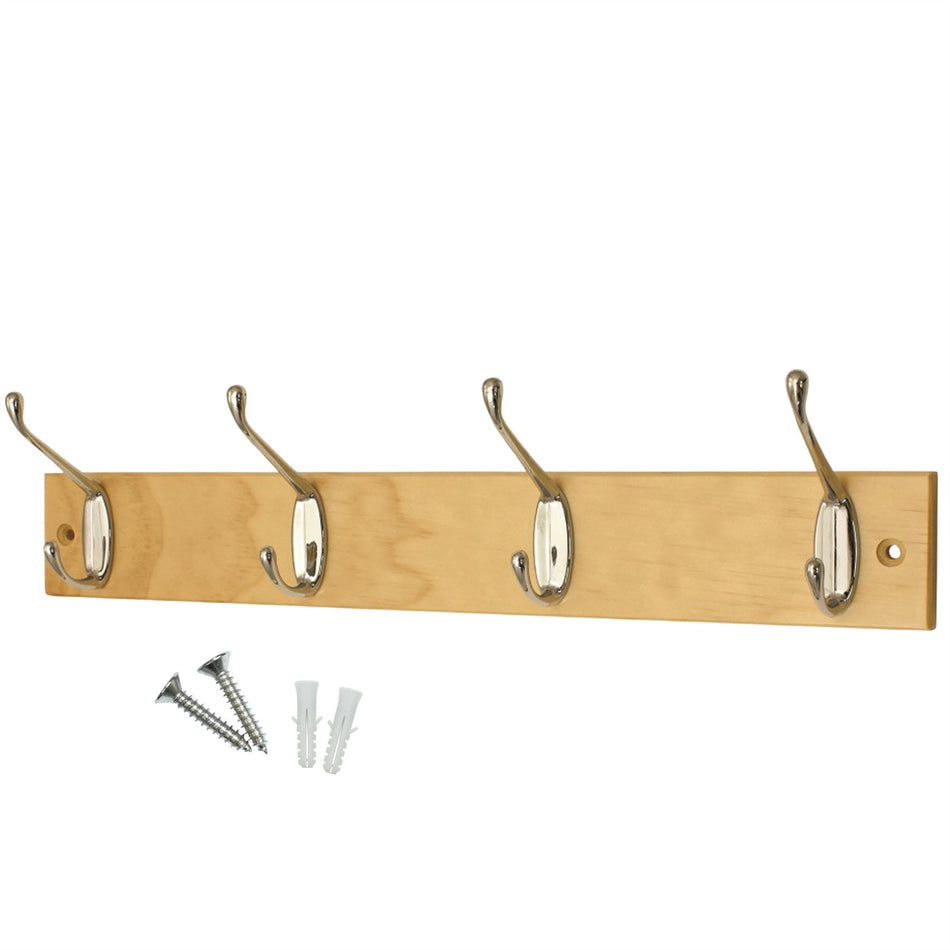 4-Hook Wall-Mounted Coat Rack 45cm Pine Board-Double Chrome Hooks