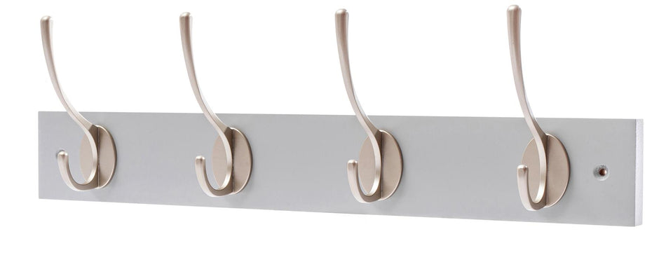 4 Satin Nickel Coat Hooks on Dove Grey Wooden Board