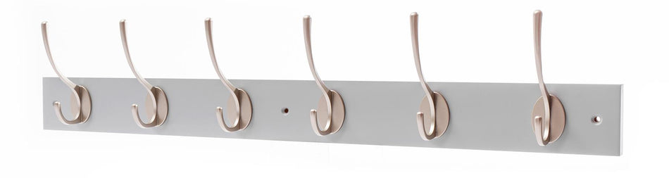 6 Satin Nickel Coat Hooks on Dove Grey Wooden Board
