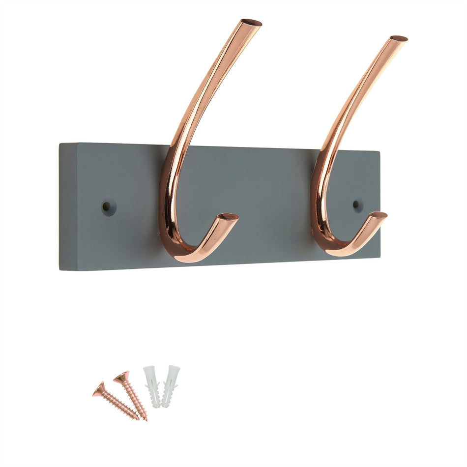 Grey Wall Mounted Coat Rack, 2 Polished Copper Ribbed Hooks