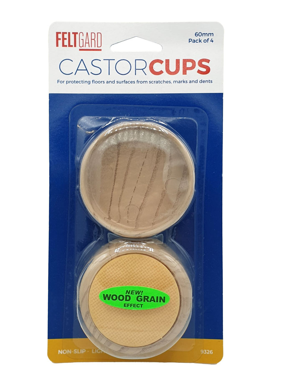 60mm Light Wood Effect Non-Slip Furniture Castor Cups – 4 Pack