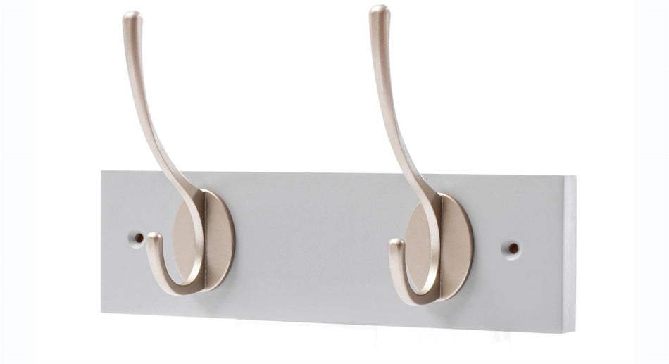 2 Satin Nickel Coat Hooks on Dove Grey Wooden Board