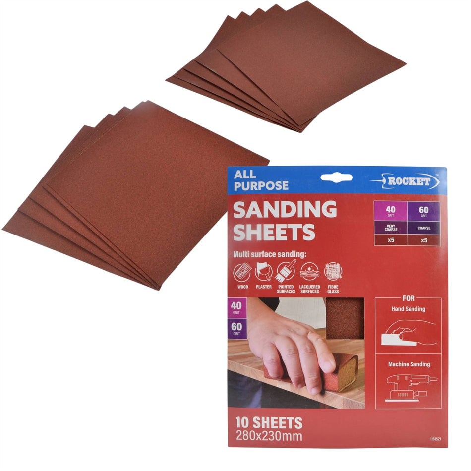 10pk Hand Sanding Sheets - 280mm x 230mm Coarse & Medium Sandpaper Plaster