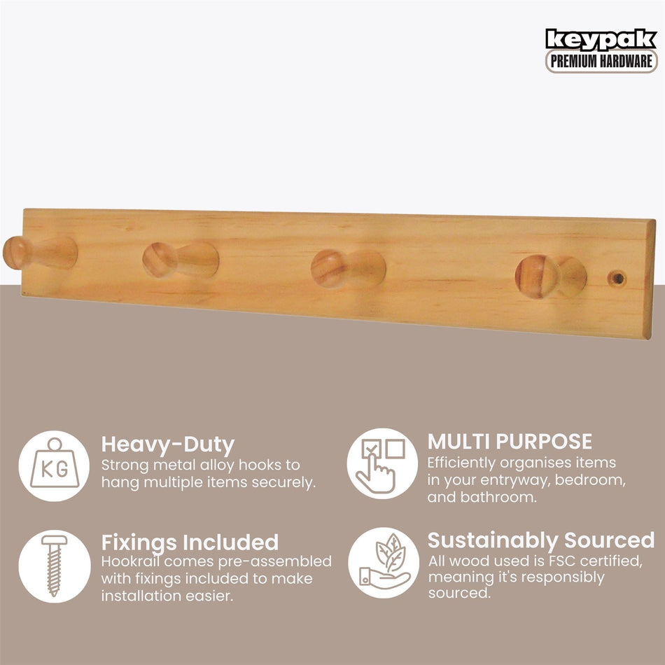 4 Wooden Peg Hooks on Pine Wooden Board