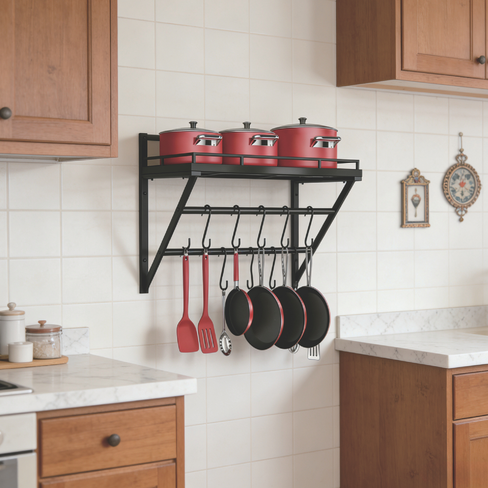 Black Heavy Duty Wall Mounted Pot and Lid Organiser Rack – 2 Tier Kitchen Storage Shelf with Hooks