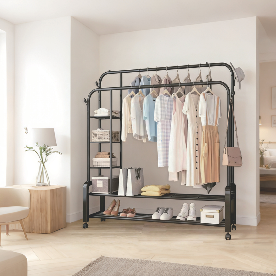 Heavy Duty Clothing & Shoe Garment Rack with Hanging Rail and Storage Shelves