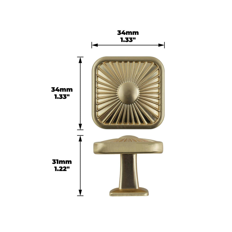 10 Pack Modern Chic Ribbed Square Knobs 35mm Brushed Brass