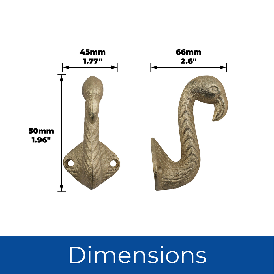 5 Pack Flamingo Head Wall Hook - Brushed Brass - Wall Mounted Storage