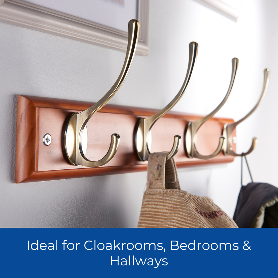 Oak Effect Wall Mounted Coat Rack with Victorian Antique Brass Hooks - 4 Double Hooks
