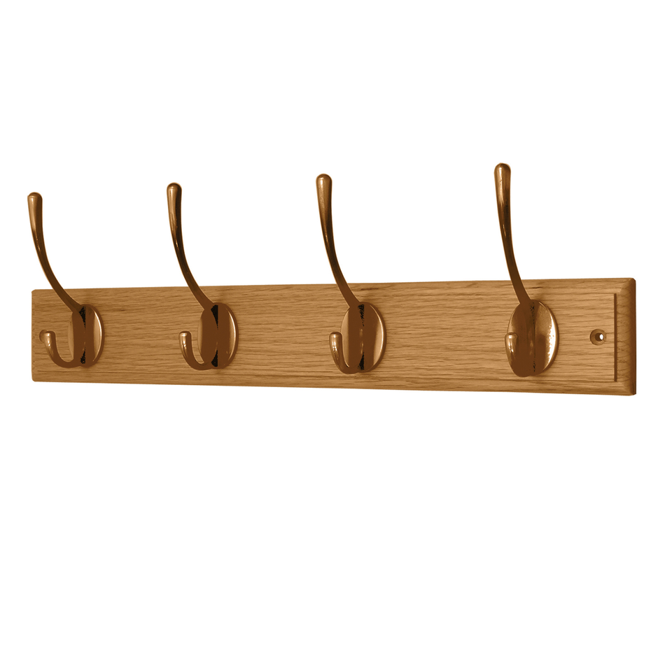 Oak Effect Wall Mounted Coat Rack with Victorian Antique Brass Hooks - 4 Double Hooks