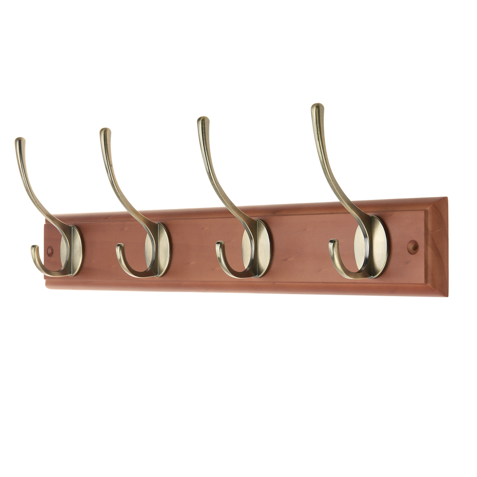 Oak Effect Wall Mounted Coat Rack with Victorian Antique Brass Hooks - 4 Double Hooks
