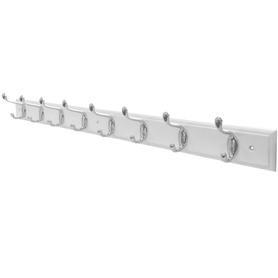 White Wooden Wall Mounted Coat Rack with Basic Polished Chrome Hooks - 8 Hooks
