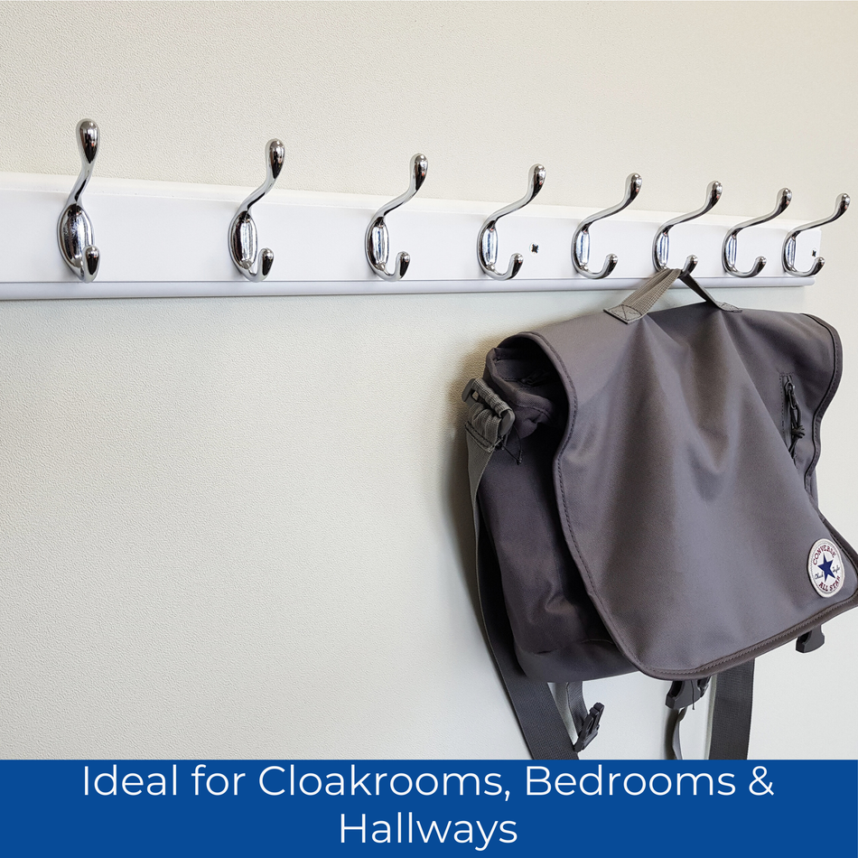 White Wooden Wall Mounted Coat Rack with Basic Polished Chrome Hooks - 8 Hooks