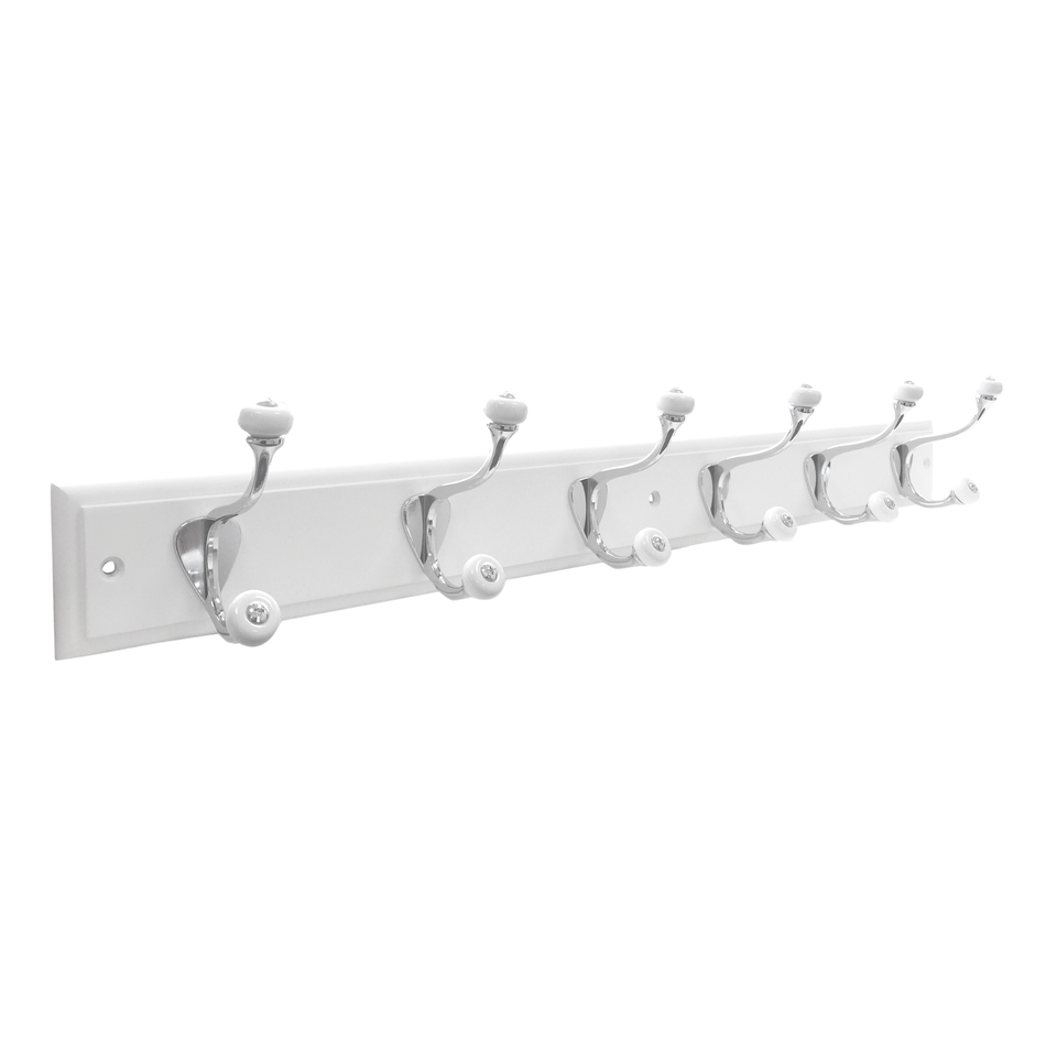White Wooden Wall Mounted Coat Rack with Ceramic Tip Hooks - 6 Hooks