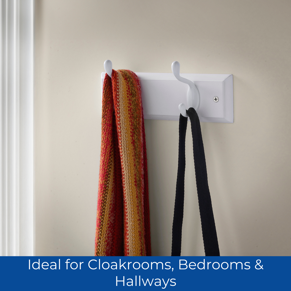 White Wooden Wall Mounted Coat Rack with Basic White Double Hooks - 2 Hooks