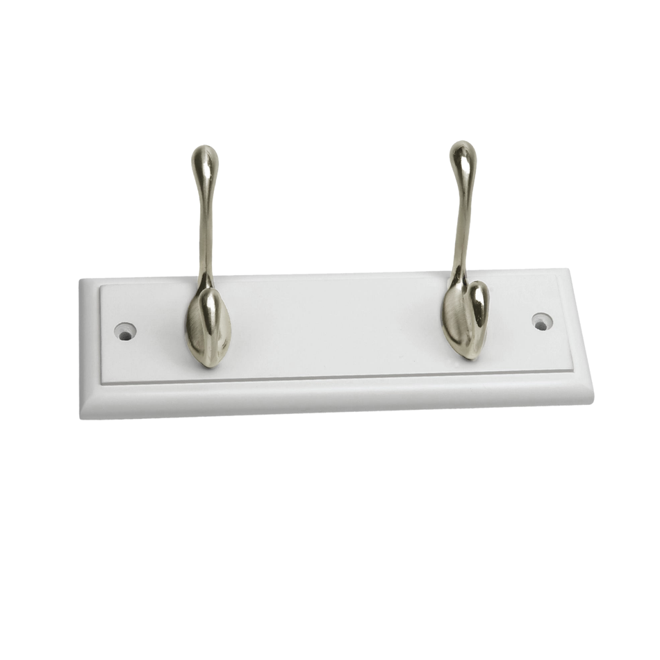 White Wooden Wall Mounted Coat Rack with Basic Satin Nickel Double Hooks - 2 Hooks