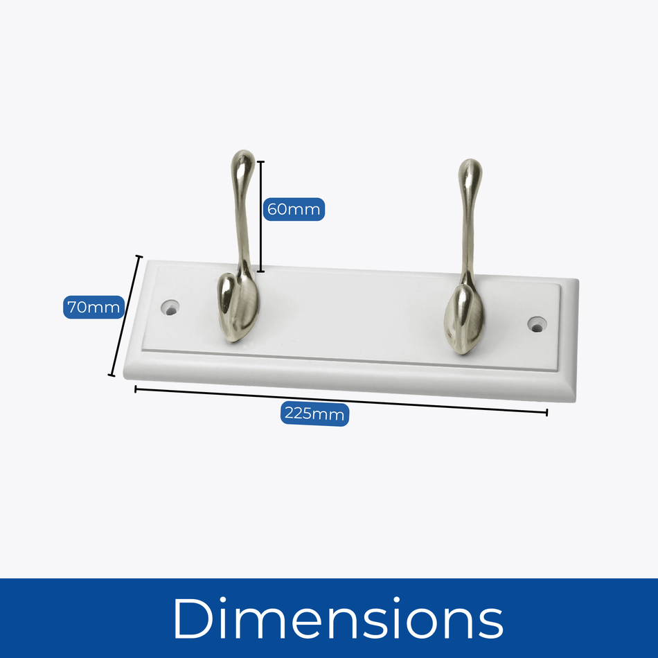 White Wooden Wall Mounted Coat Rack with Basic Satin Nickel Double Hooks - 2 Hooks