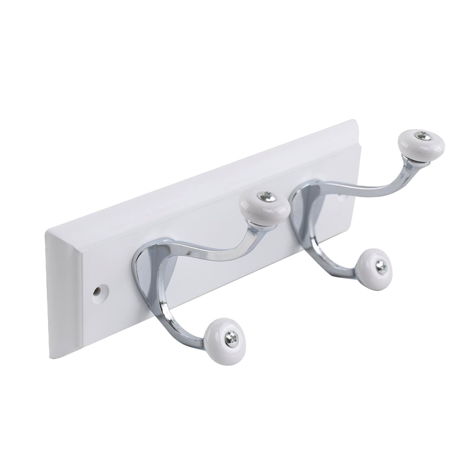 White Wooden Wall Mounted Coat Rack with Ceramic Tip Hooks - 2 Hooks