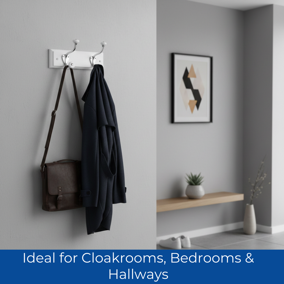 White Wooden Wall Mounted Coat Rack with Ceramic Tip Hooks - 2 Hooks