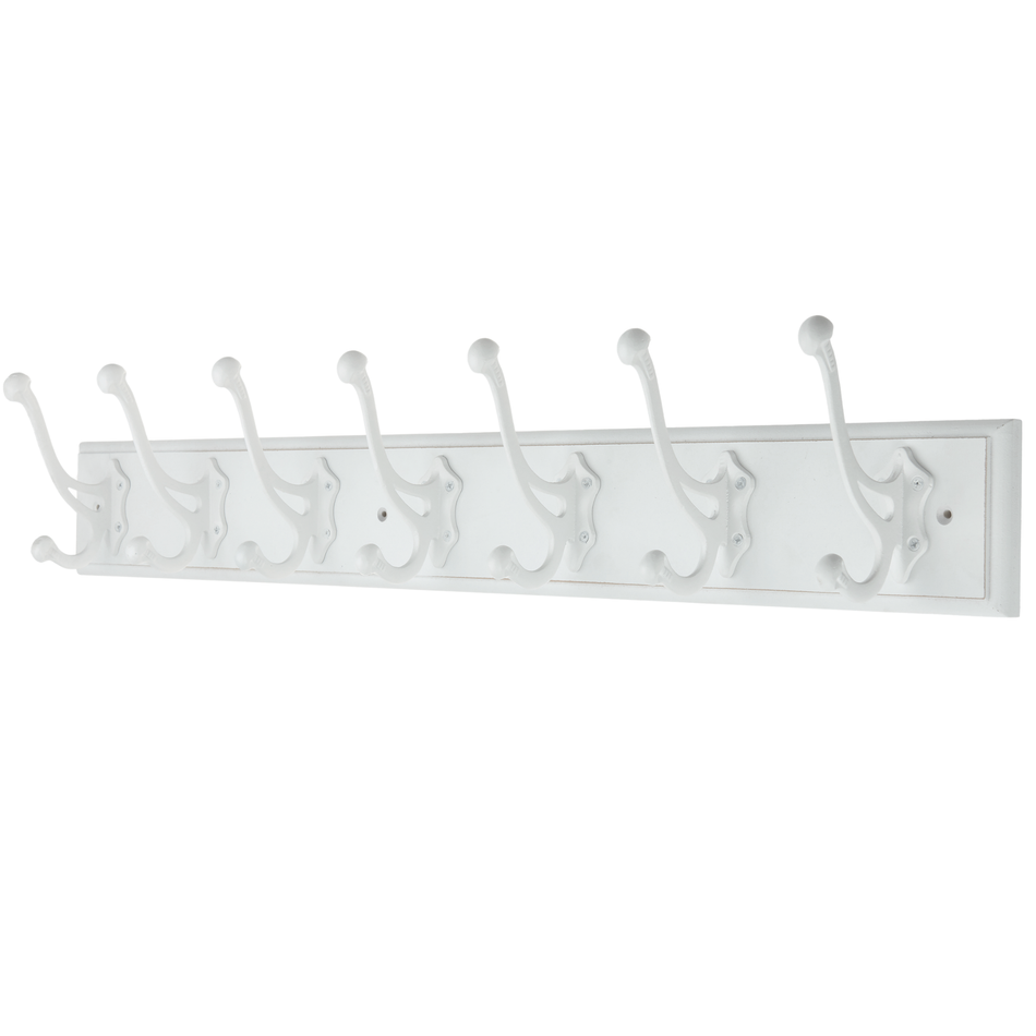 White Wooden Wall Mounted Coat Rack with White Rustic Double Hooks - 7 Hooks