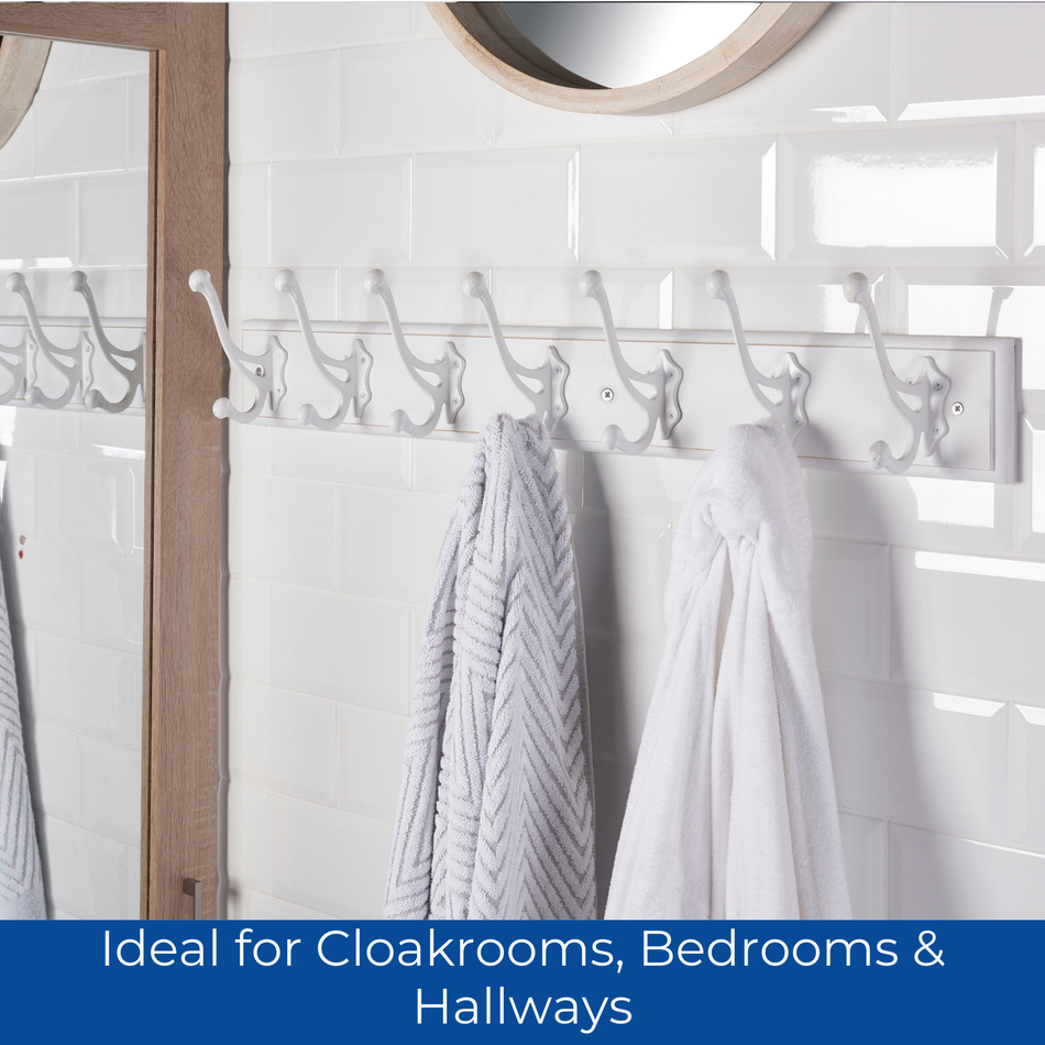 White Wooden Wall Mounted Coat Rack with White Rustic Double Hooks - 7 Hooks