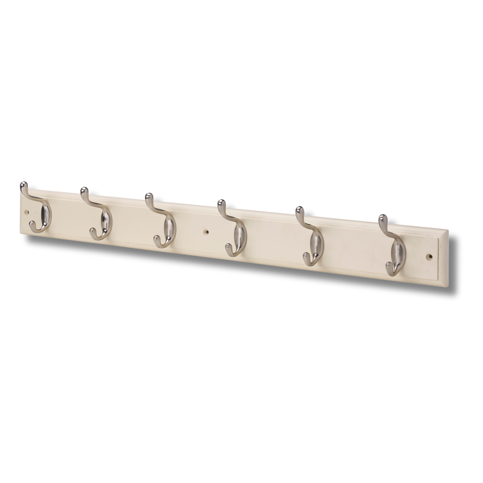 Cream Wall Mounted Coat Rack with Basic Satin Nickel Double Hooks - 6 Hooks